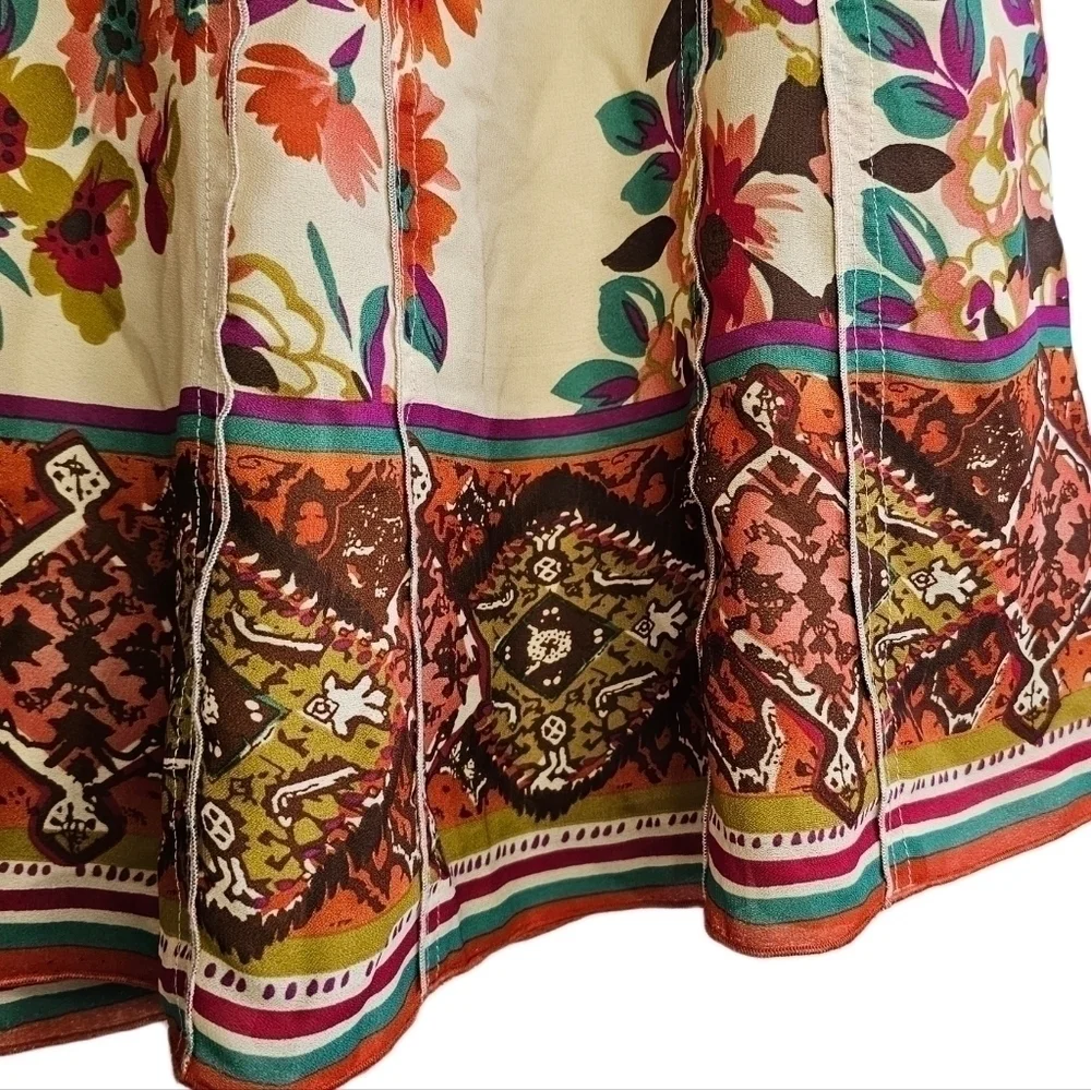 Boho floral multicolored over cream a-line tiered midi skirt